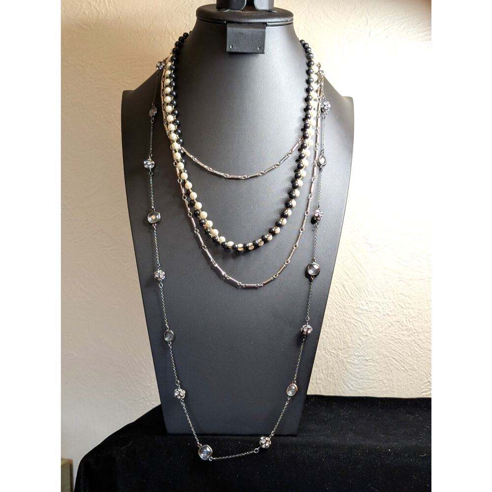 Lot of Three Layered Black White Silver Gunmetal Crystal Pearl Necklaces